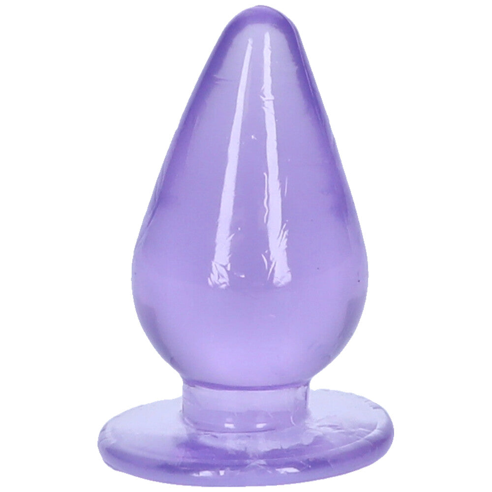 Front view of purple tapered anal plug with suction cup base.