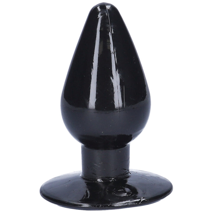 Front view of black tapered anal plug with suction cup base.