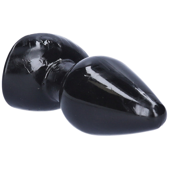 Close-up view of black tapered anal plug with suction cup base.