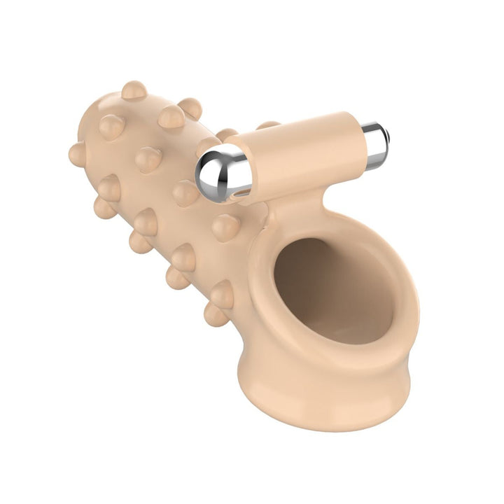 Back view of beige vibrating studded girth extender