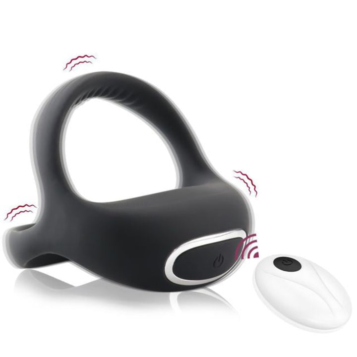 Black vibrating dual cock ring with white remote