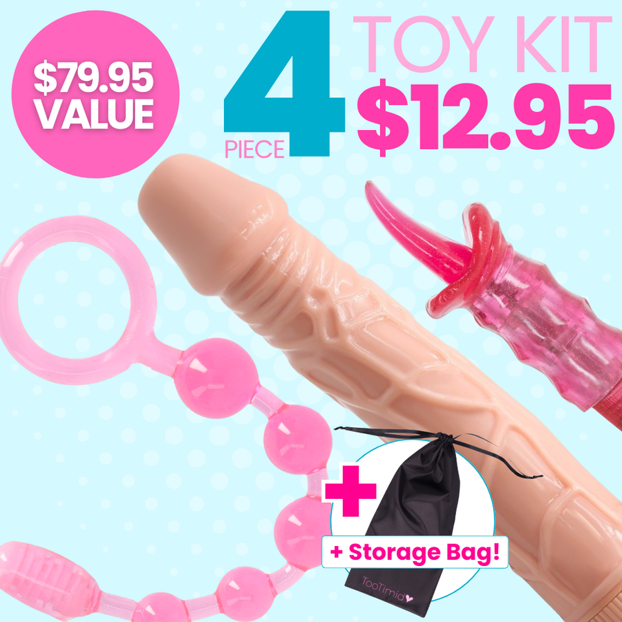 Promotional image of a 4-piece toy kit with pricing and storage bag on a light blue background.