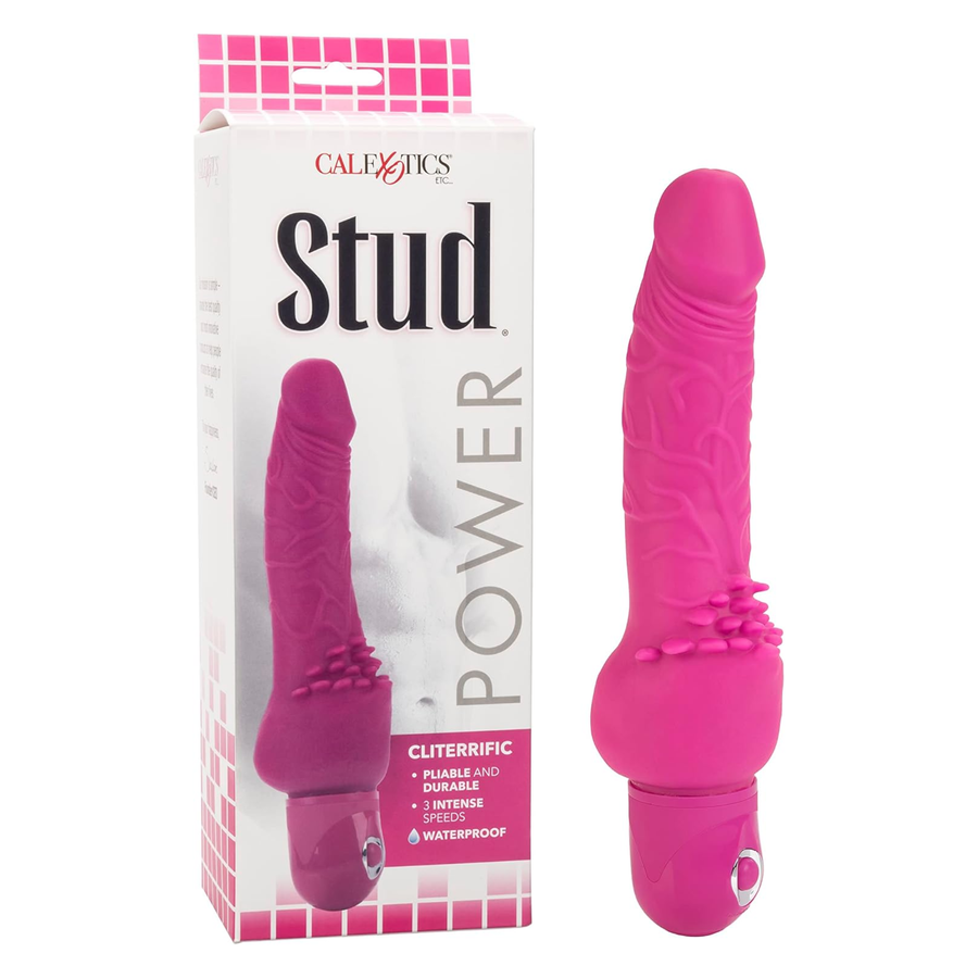 calexotics Power Stud Cliterrific Dildo Vibrator seen next to packaging