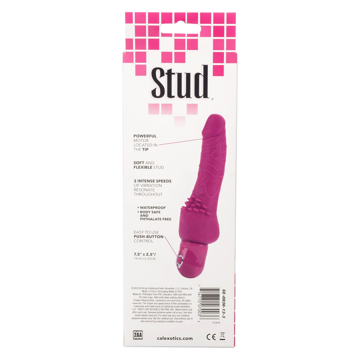 backside of product packaging calexotics Power Stud Cliterrific Dildo Vibrator