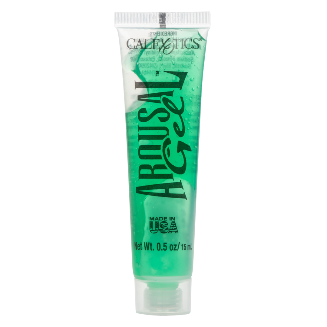 Green tube of Arousal Gel with cal exotics branding on a white background