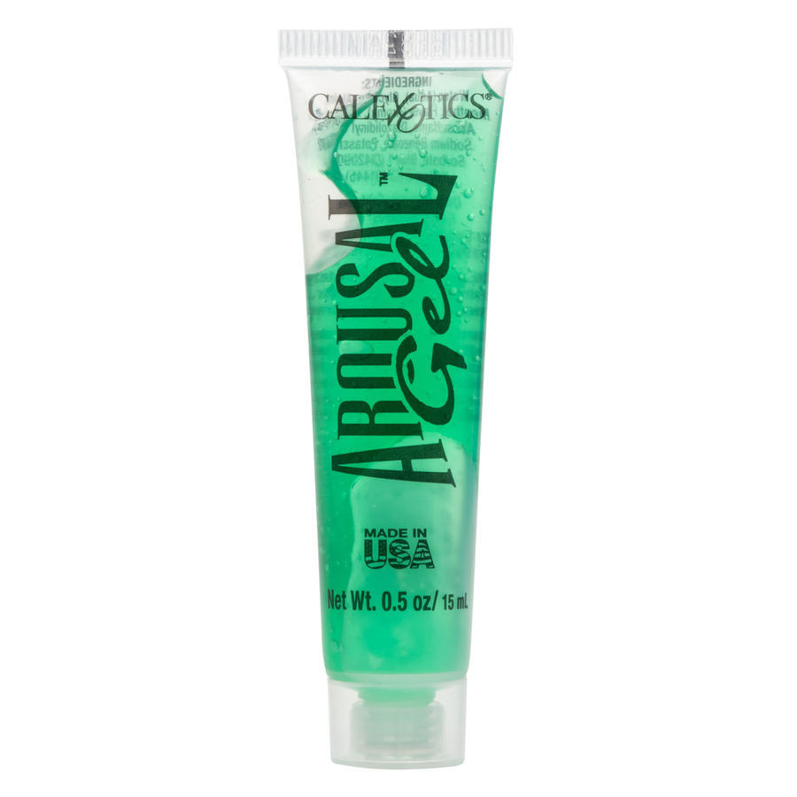 Green tube of Arousal Gel with cal exotics branding on a white background