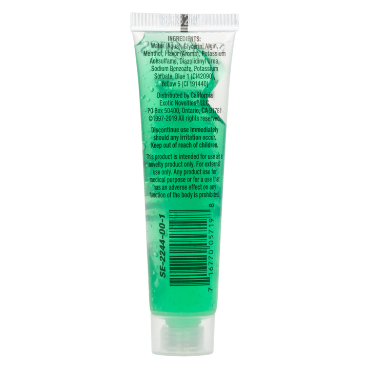Backside of green tube of Arousal Gel with cal exotics branding on a white background