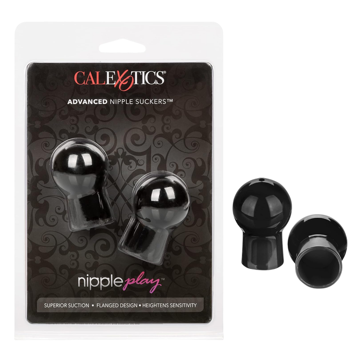 Black nipple suckers with packaging displaying 'Calexotics' brand on a white background.