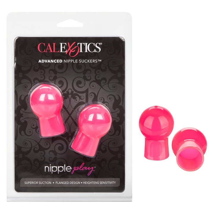 Pink nipple suckers with packaging displaying 'CalExotics' brand on a white background.