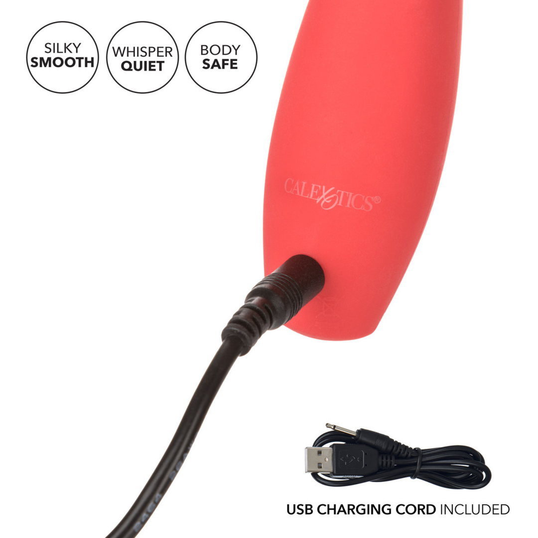 Red silicone vibe with USB charging cord on a white background, featuring 'Calexotics' brand.