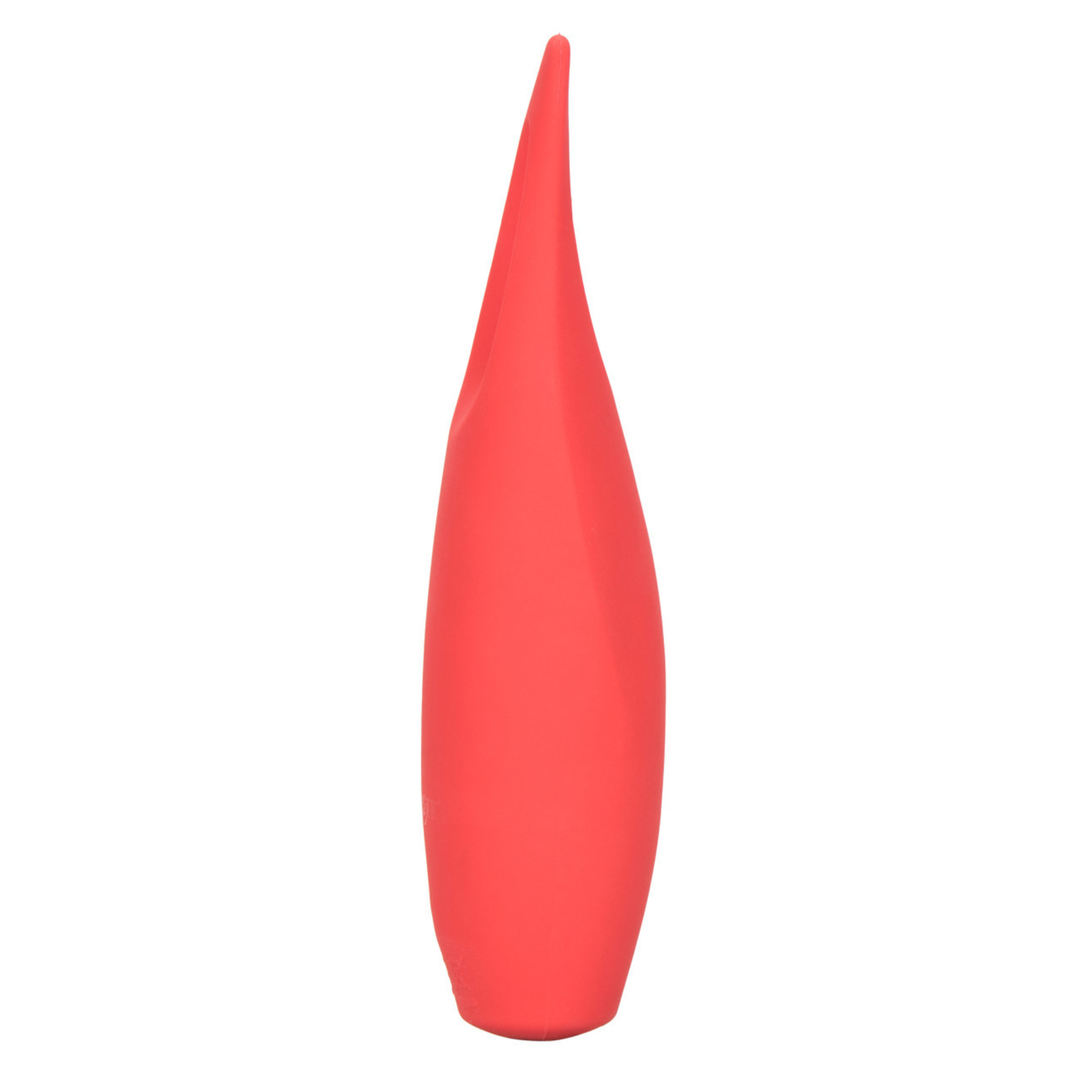 Side view of red clit encasing vibe on a white background