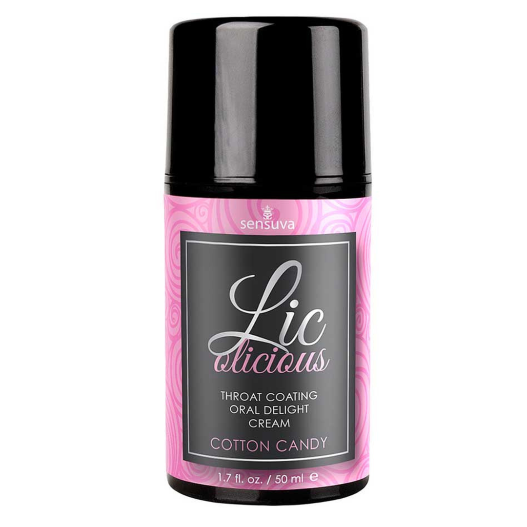 Sensuva Lic Licious throat coating oral delight cream bottle with pink and black design.
