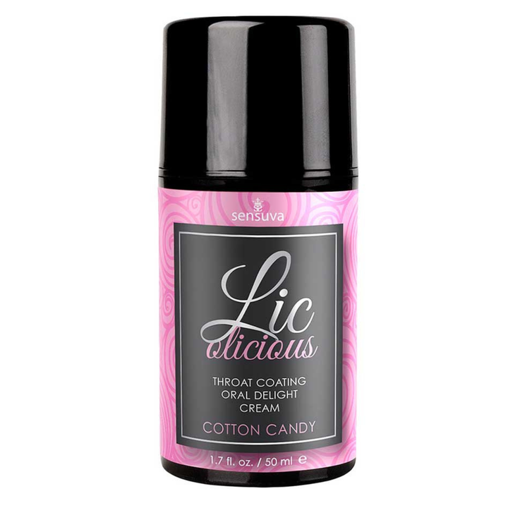 Sensuva Lic Licious throat coating oral delight cream bottle with pink and black design.