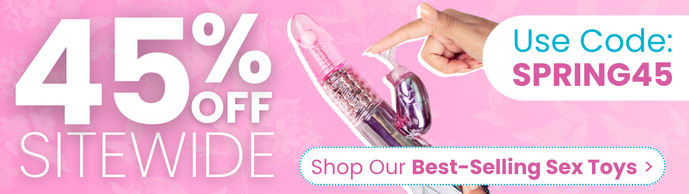 Promotional banner with 45% off site-wide offer on sex toys, featuring a hand holding a toy against a pink background.