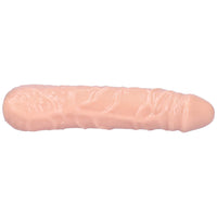 Beige hollow penis extender with a raised vein texture on its side.