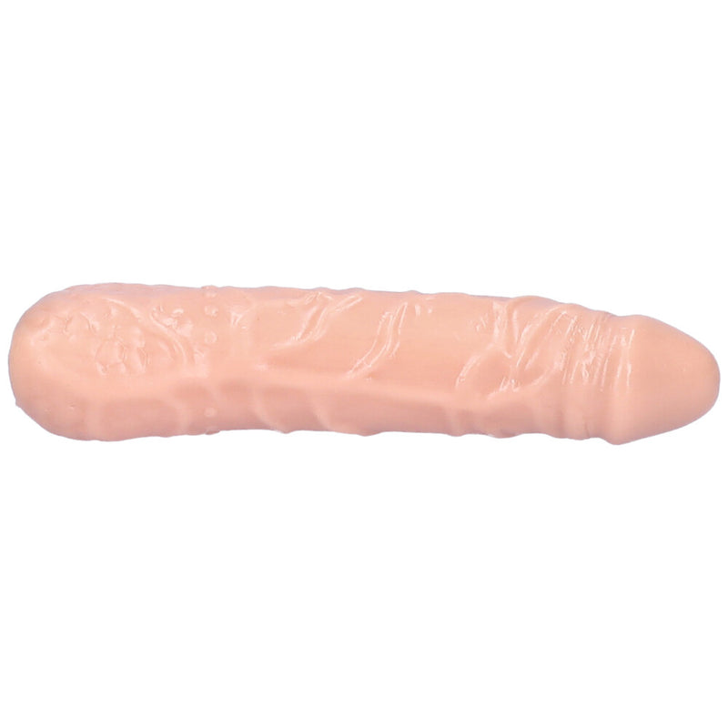 Beige hollow penis extender with a raised vein texture on its side.