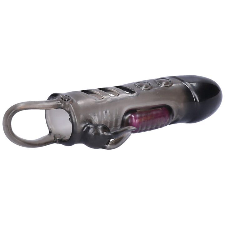 Angled view showing the opening of vibrating penis extender with rabbit on its side.