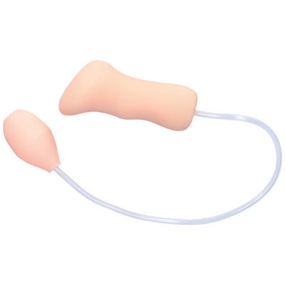 Realistic pussy stroker with pulsating air pump from above showing entire product with hand pump