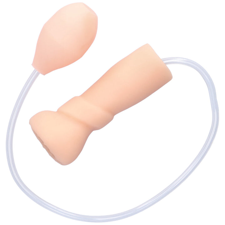 Realistic anal stroker with pulsating hand air pump from above showing entire product including tubing and air pump