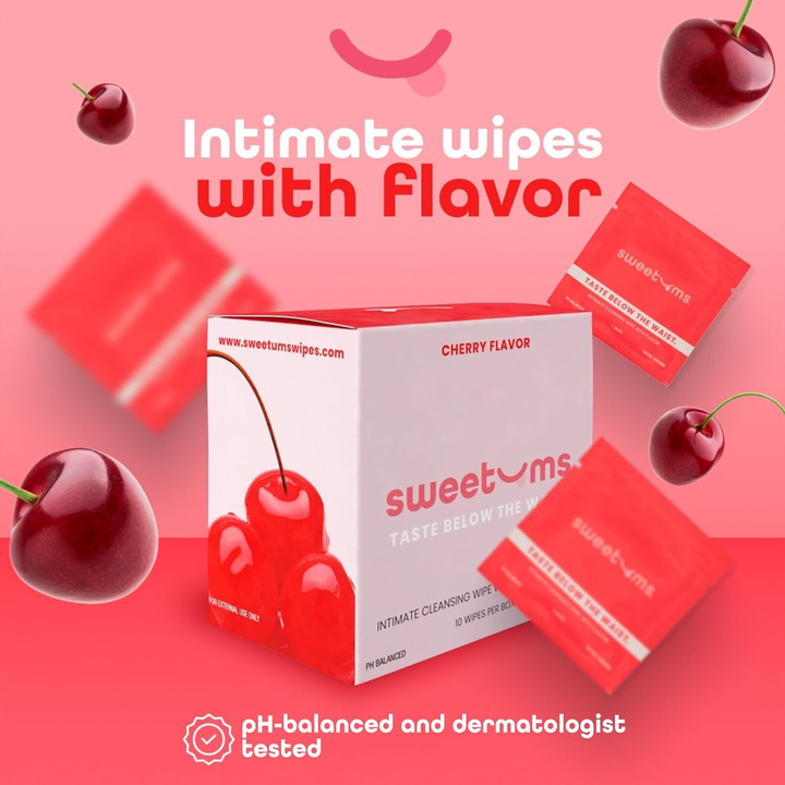 Sweetums Flavored Wipes cherry flavor ph balanced and dermatologist tested 