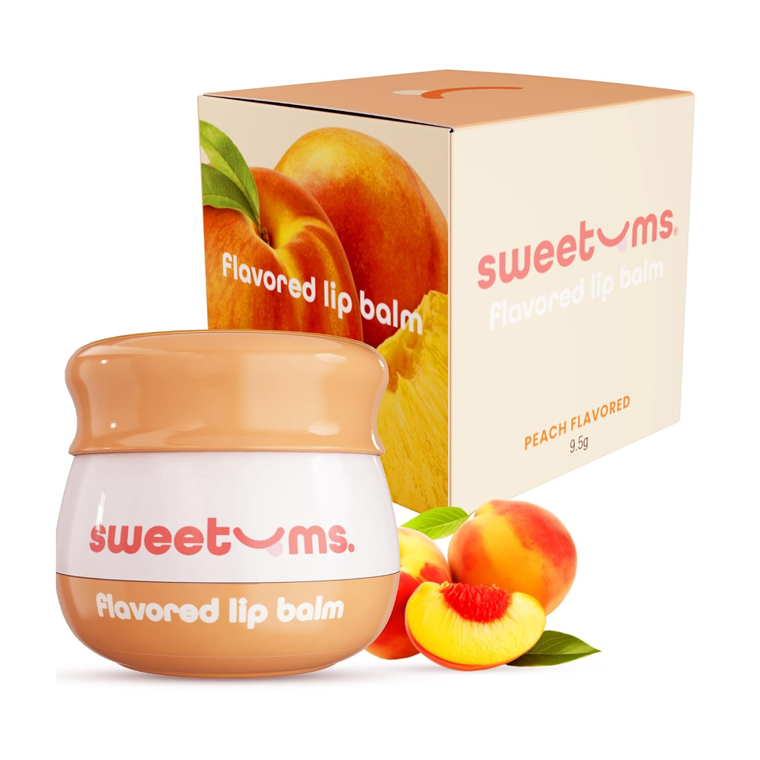 peach flavored Sweetums Flavored Lip Balm next to packaging