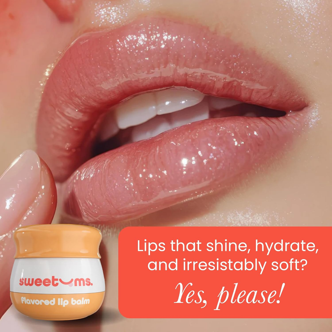close up of peach on Sweetums Flavored Lip Balm on lips 