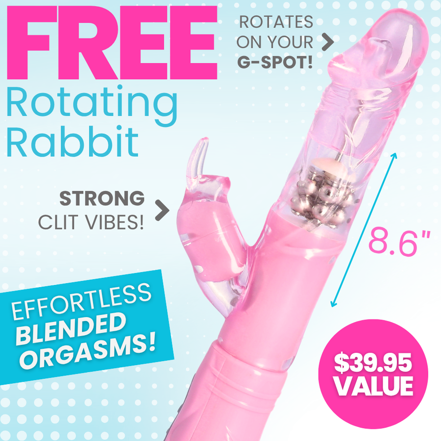 Free pink rotating rabbit with $39.95 value on a blue ombre background
