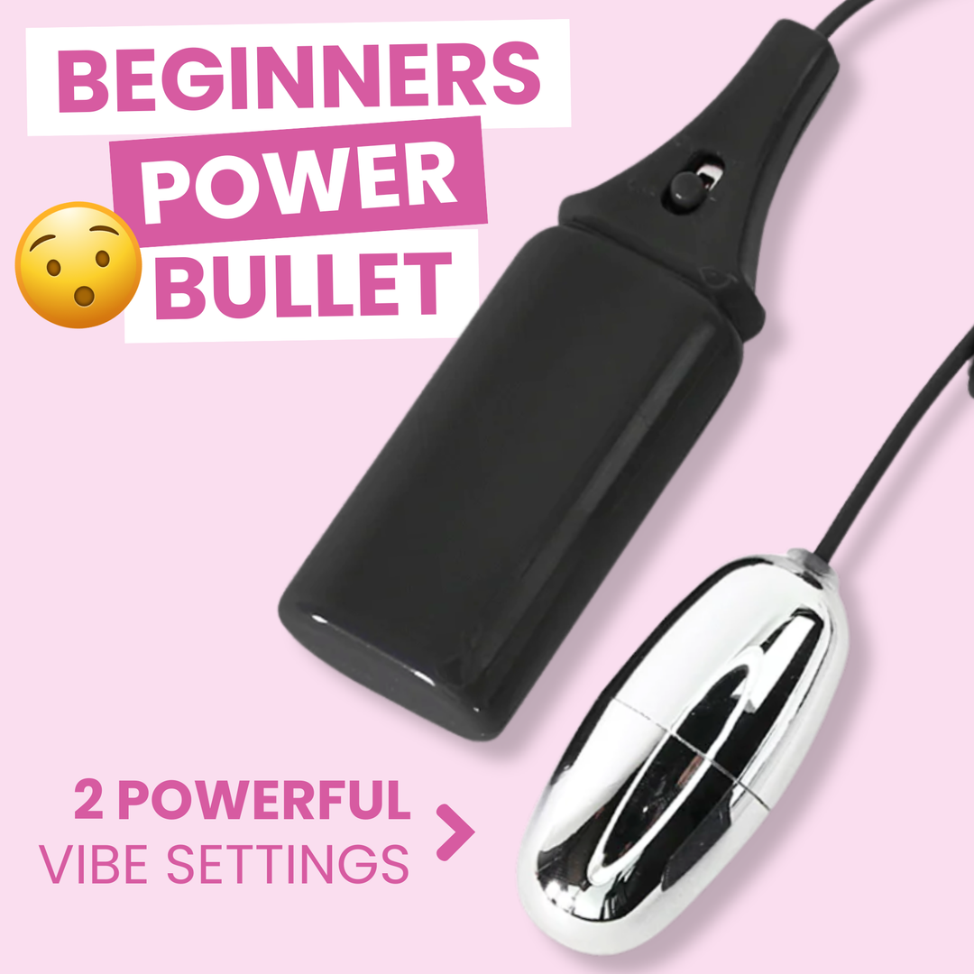Black and silver bullet labeled 'Beginners Power Bullet' on a pink background.