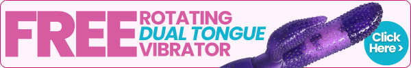 Promotional banner with purple vibrator and text about a free dual tongue vibrator offer.