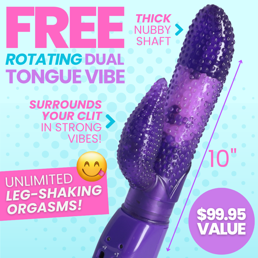 Purple vibrating toy with promotional text on a blue background