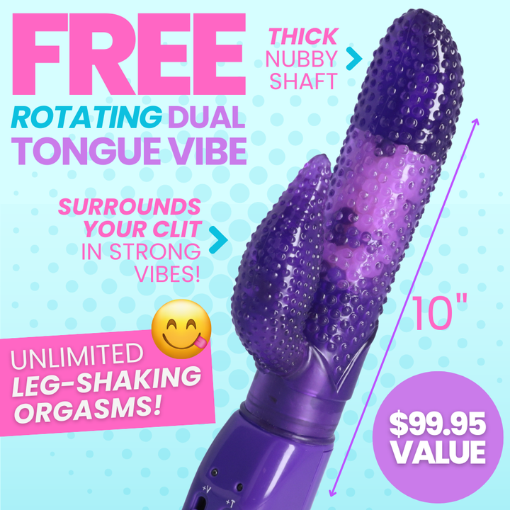 Purple vibrating toy with promotional text on a blue background