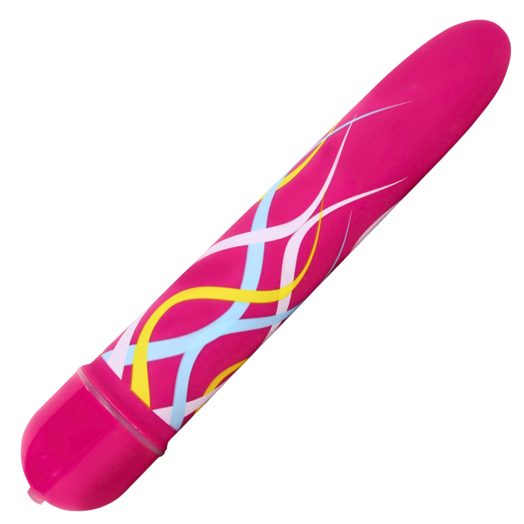 A pink sleek vibe with a glossy finish, featuring abstract wavy lines in yellow, light blue, and white, set against a plain white background.