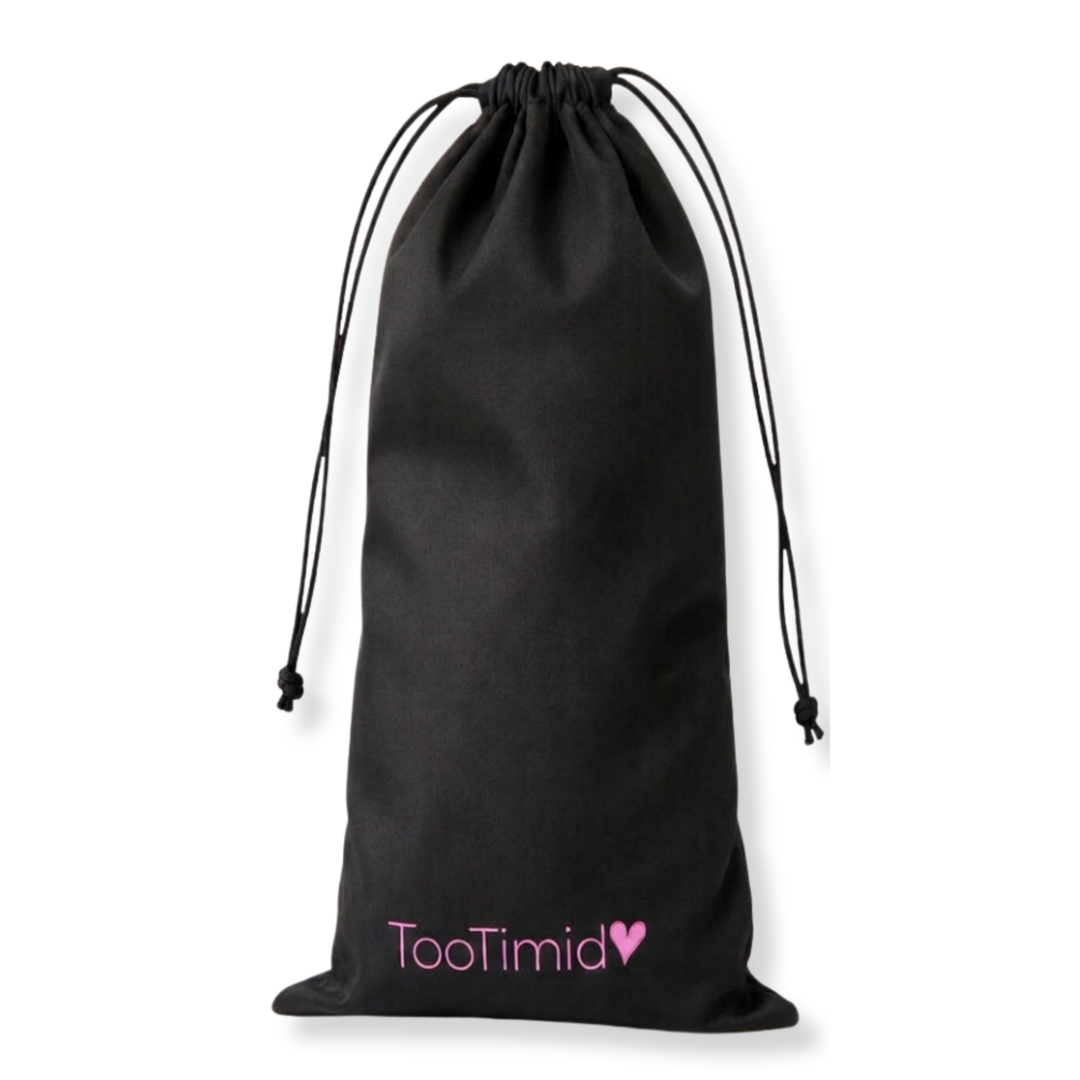 A black drawstring pouch with the brand name 'TooTimid' and a small pink heart printed near the bottom, shown on a plain white background.