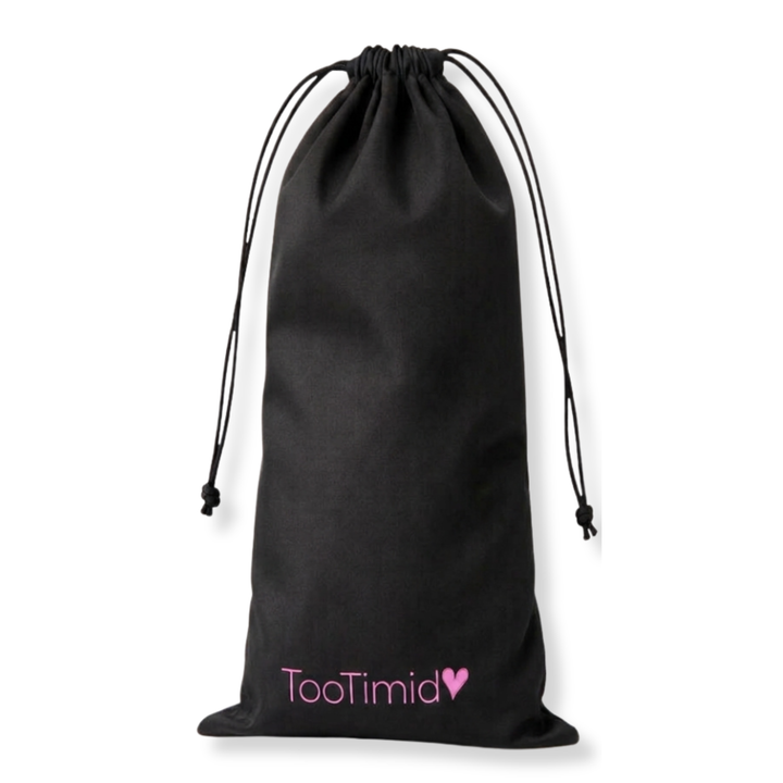 A black drawstring pouch with the brand name 'TooTimid' and a small pink heart printed near the bottom, shown on a plain white background.