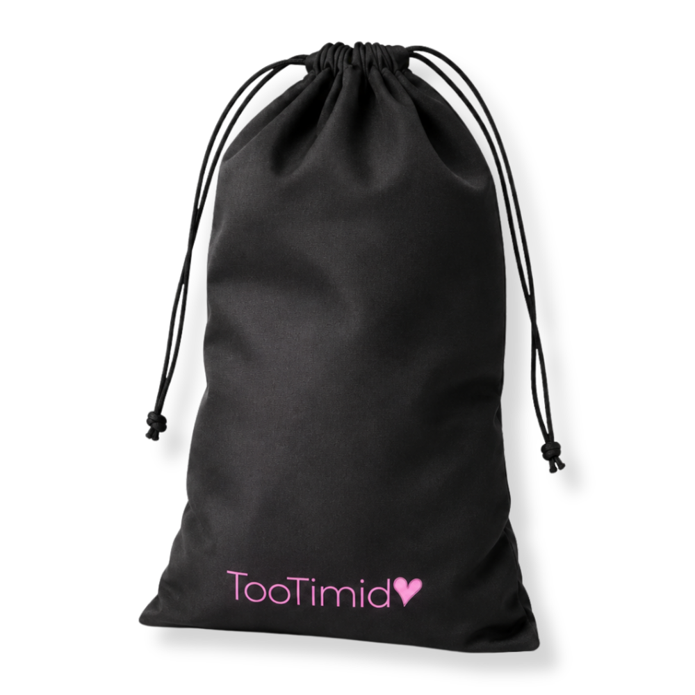 A black drawstring pouch with the brand name 'TooTimid' and a small pink heart printed near the bottom, shown on a plain white background.
