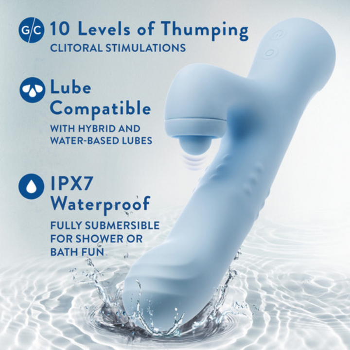 Blush Devin Rechargeable Silicone Rabbit Vibrator image showing the waterproof design. 