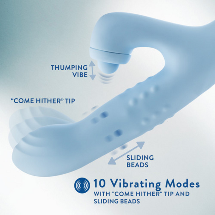 Blush Devin Rechargeable Silicone Rabbit Vibrator image showing the come hither tip, thumping vibe and sliding beads.