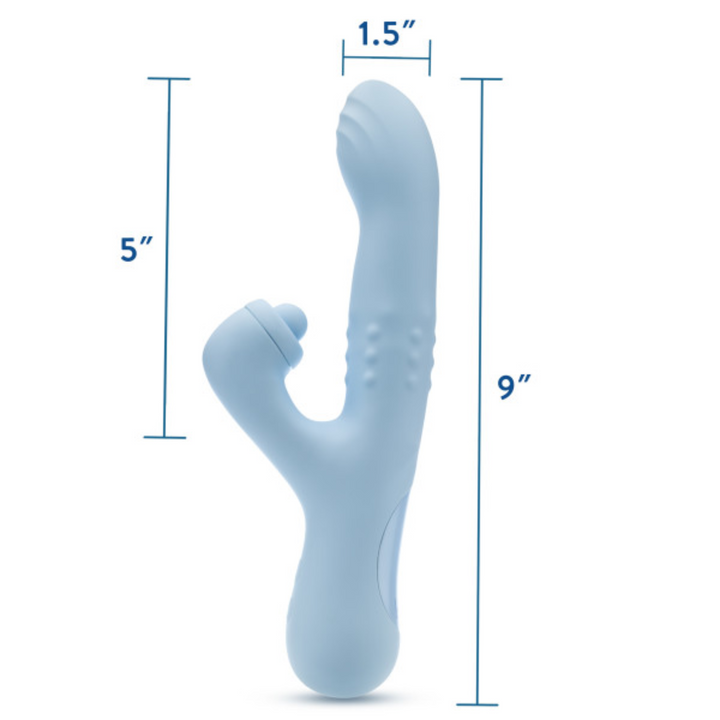 Blush Devin Rechargeable Silicone Rabbit Vibrator image showing the measurements of the toy.
