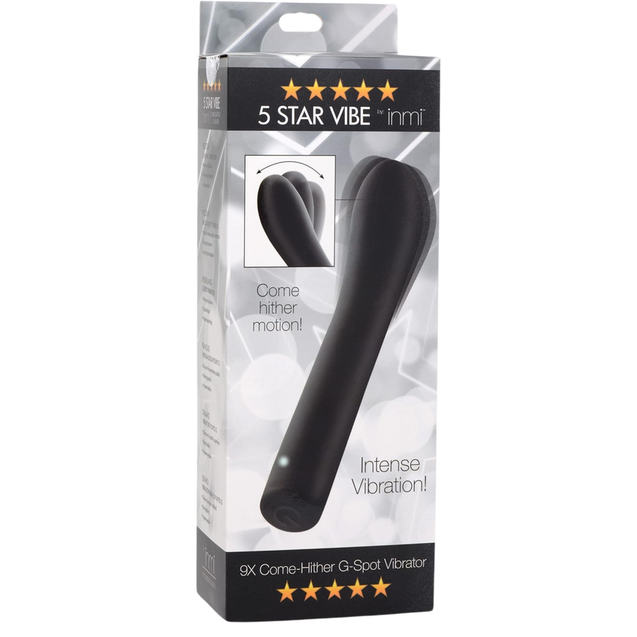 Inmi 5 Star Come Hither Silicone Rechargeable G-Spot Vibrator - Black product packaging.