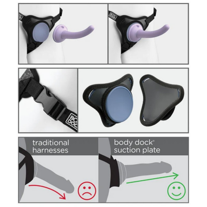 Dillio Platinum Body Dock SE Pegging Kit - Lavender image showing the dildo suction cup attaching to the harness base. 