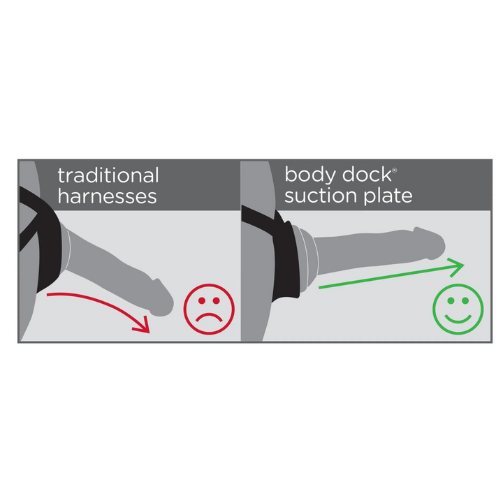 Image showing the angle that the body cock suction plate sits at keeping the dildo upright unlike other harnesses.