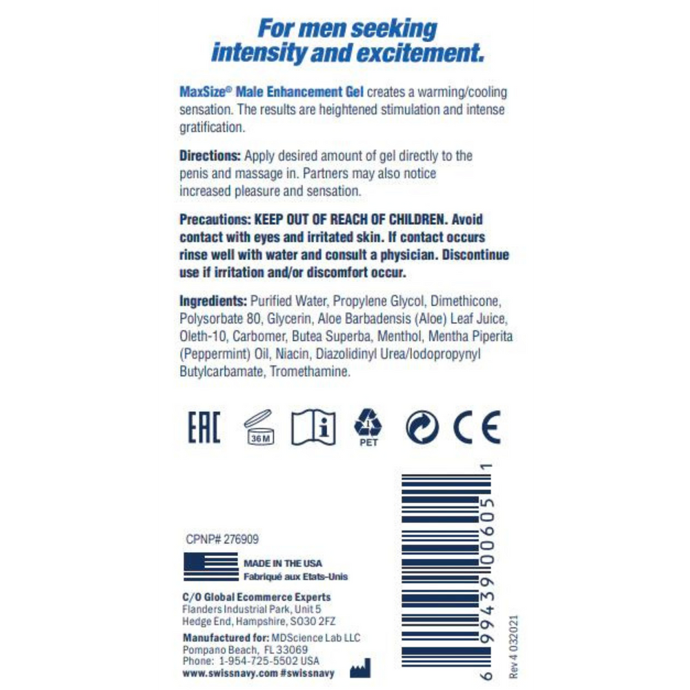 Max Size Male Enhancement Cream back of package