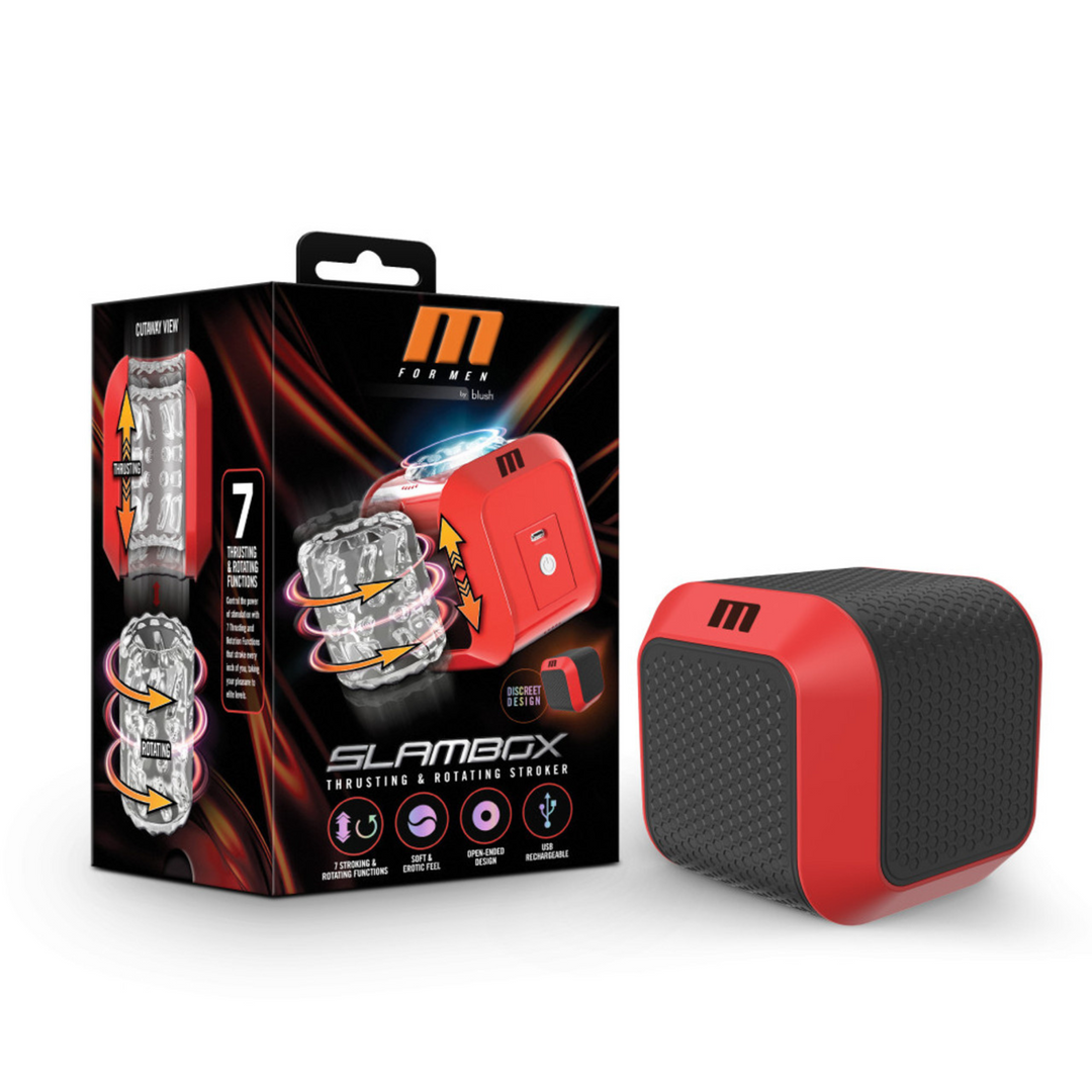 M for Men SlamBox Rechargeable Masturbator - Red product packaging.