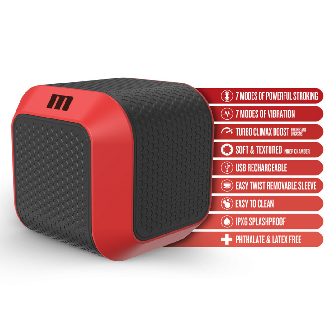 M for Men SlamBox Rechargeable Masturbator - Red product with list of features.