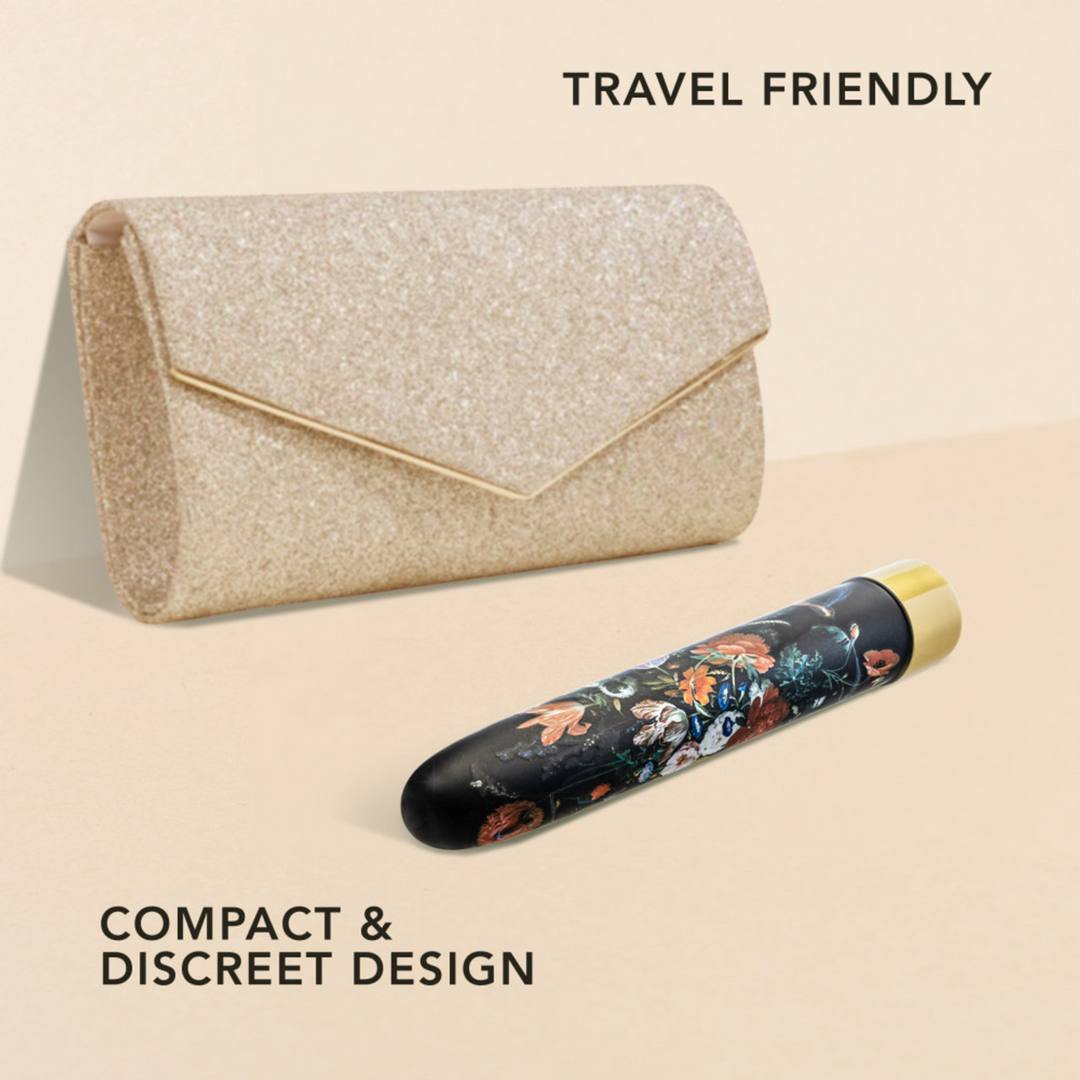 The Collection - Bountiful - 7 Inch Rechargeable Vibe - Flora product shown next to a hand bag for size and travel friendly.