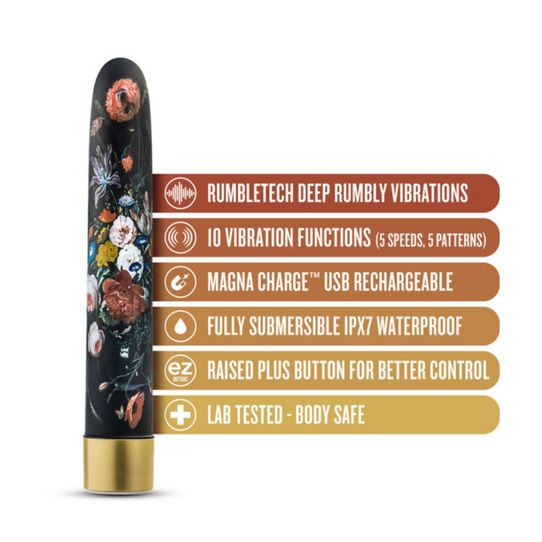 The Collection - Bountiful - 7 Inch Rechargeable Vibe - Flora product with list of features. 