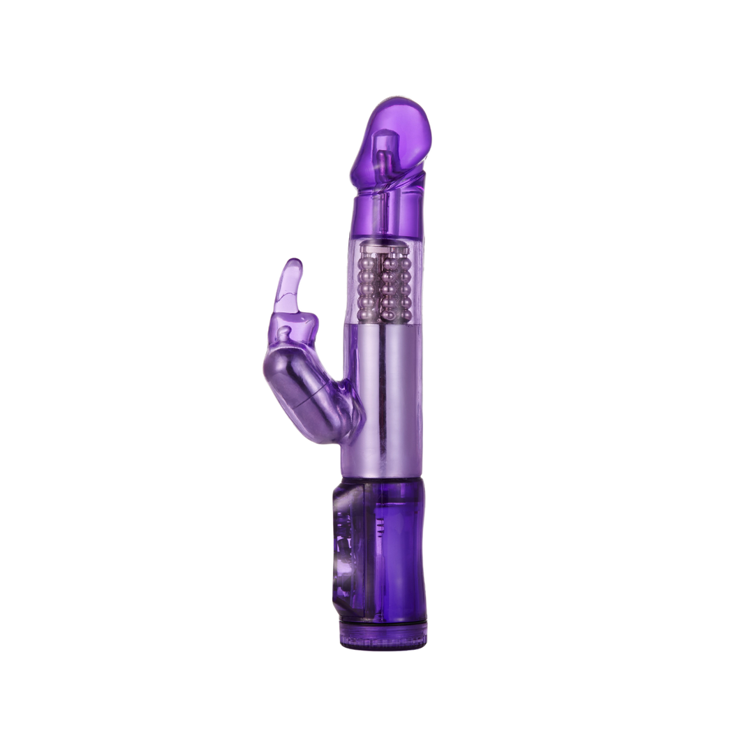Rabbit Vibrator With 5 Rows Of Rotating Beads side view.