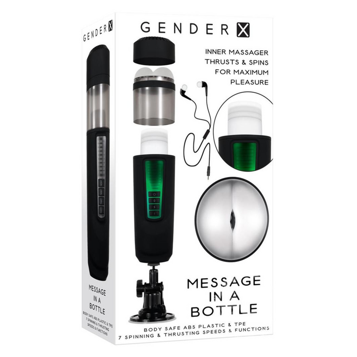 Gender X Message In A Bottle Rechargeable Thrusting Spinning Stroker front of product packaging.