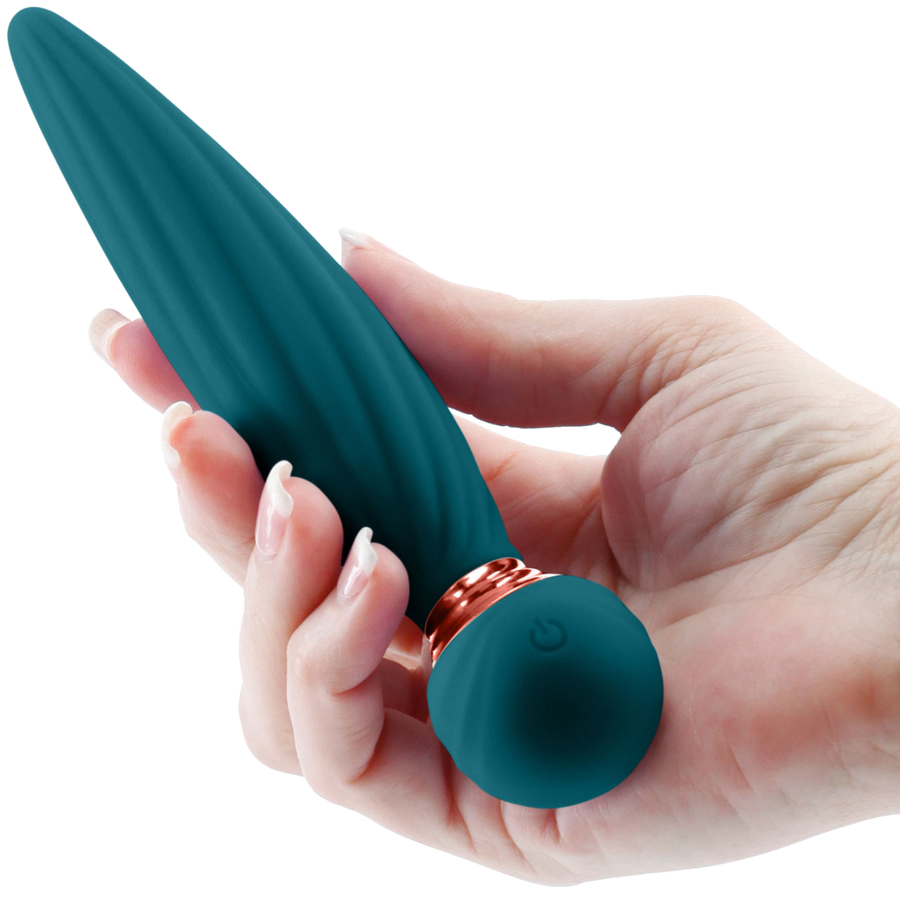 Sugar Pop Twist Rechargeable Silicone Vibrator being held in a hand showing the power button location.