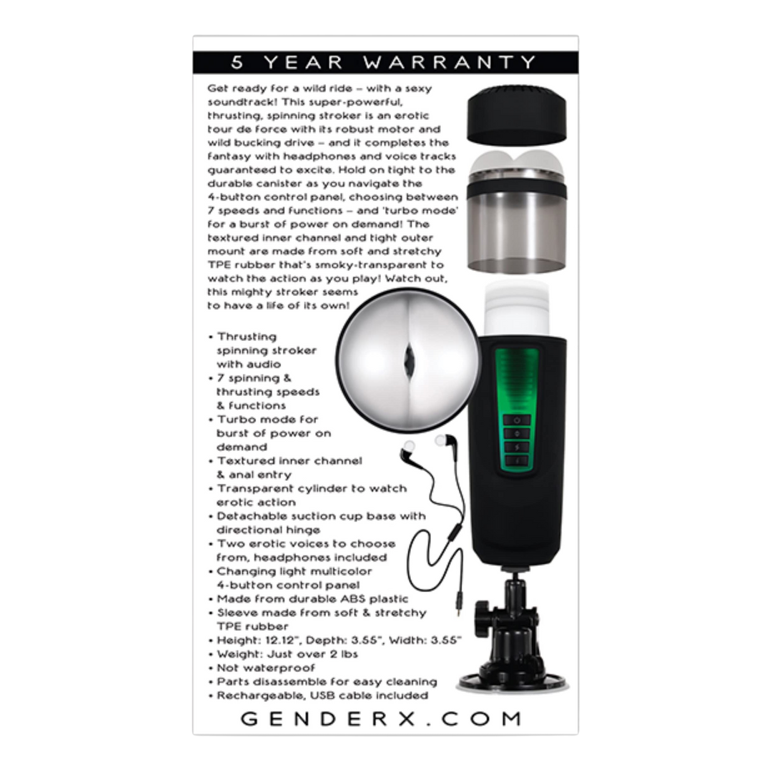 Gender X Message In A Bottle Rechargeable Thrusting Spinning Stroker back of product packaging.